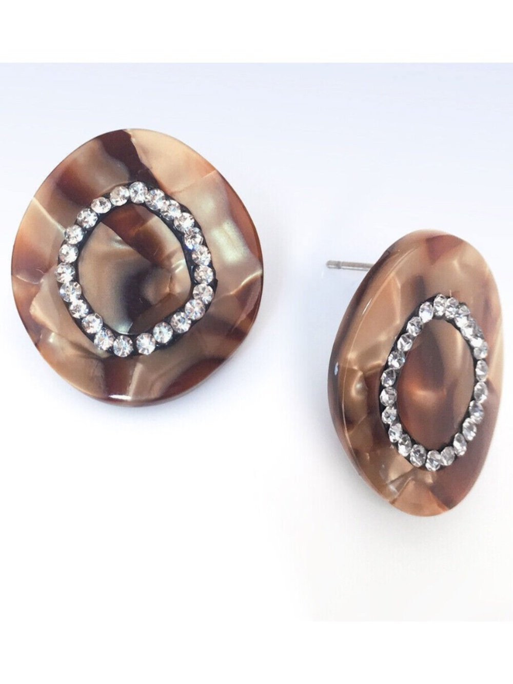 Brown Marbled Tortoise Resin & Crystal Pave Disc Stud EARRINGS